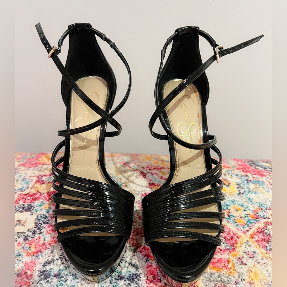 Jessica Simpson Black Patent Strappy Platform Heels | Size 6 (36.5) | Night Out.